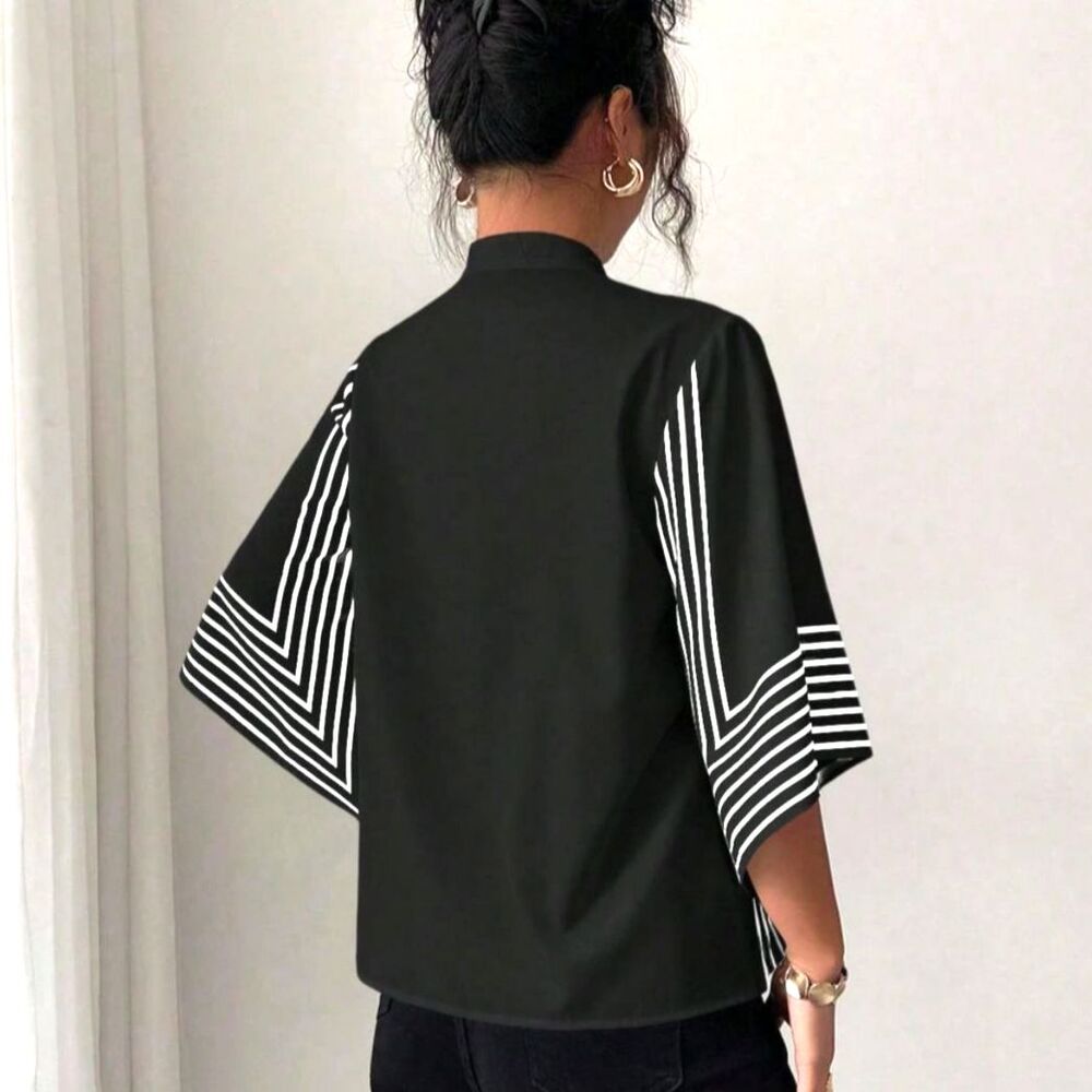 Black and White Striped Blouse SHEIN Geometric Batwing Sleeve Mock Neck Top L - Picture 2 of 8